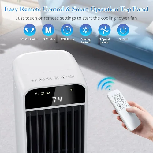 Miniatura 4 de Enfriador de aire evaporativo portátil, ventilador de torre de enfriamiento de pantano 2 en 1 con control remoto, 4 paquetes de hielo, oscilación