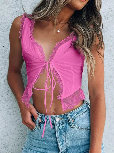 Miniatura 4 de CSDAJIO Camiseta sin mangas sexy de encaje para mujer, parte delantera abierta, con dobladillo asimétrico