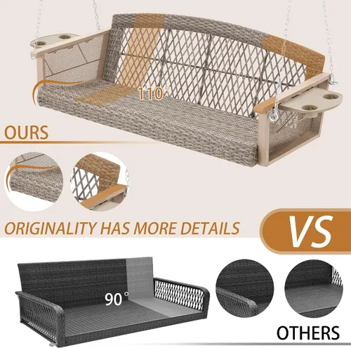 Miniatura 9 de HOMREST Columpio de mimbre para porche para 3 personas con portavasos mejorado, silla colgante de 56 pulgadas con cojines, columpio al aire libre