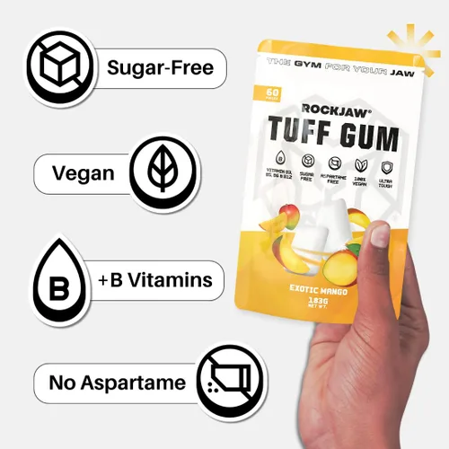 Miniatura 6 de ROCKJAW Jawline Gum Tuff Gum 2.0 con complejo de vitamina B - 100% xilitol, sin aspartamo, sin azúcar, mango exótico (sin tim) - Suministro para 2