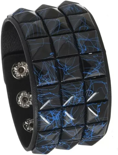 Miniatura 6 de Pulsera punk ancha de cuero – Pulsera pirámide de 3 filas – Pulsera de motociclista con tachuelas
