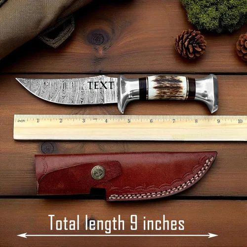Miniatura 4 de Cuchillo de caza de Damasco con funda de cuero, cuchillos de caza de hoja fija para hombres con mango de asta de ciervo - Cuchillos de regalo
