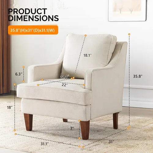 Miniatura 2 de VINGLI Juego de 2 sillas decorativas modernas de mediados de siglo, sillón tapizado beige, cómodos sillones de lectura, respaldo alto para sala