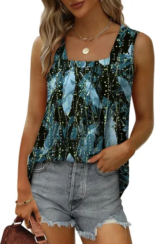 Miniatura 122 de Saloogoe - Camisetas sin mangas veraniegas para mujeres, plisadas con cuello cuadrado y dobladillo curvado, blusas de ajuste holgado con movimiento