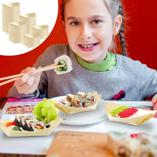 Miniatura 5 de Newtay 500 platos de bambú para aperitivo de 5.5 pulgadas, desechables, de madera, charcutería, hoja de barco, bandeja pequeña para servir sushi
