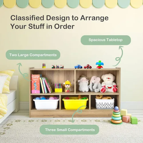 Miniatura 5 de HONEY JOY Organizador de almacenamiento de juguetes para niños, estante de almacenamiento de 5 secciones para preescolar, 2 niveles de madera Natural