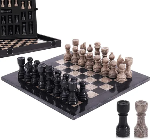 Miniatura 13 de Juego de ajedrez de mármol para adultos de 12 pulgadas, tablero hecho a mano negro y coral con 32 piezas de ajedrez, 2 reinas adicionales y caja