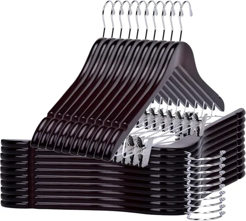 Miniatura 13 de Perchas de madera de calidad para faldas con clips, paquete de 20 perchas de nogal para pantalones con clips de metal dorado ajustables, gancho