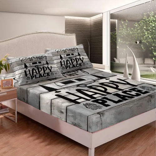 Miniatura 2 de Manfei Sábana bajera ajustable para campamento, tamaño individual, funda de cama con 1 funda de almohada, juego de ropa de cama vintage de madera