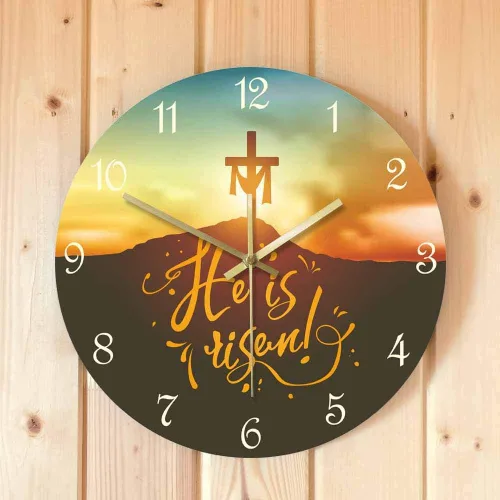 Miniatura 3 de Geek Alerts Reloj de pared sin tictac de 12 pulgadas, cristiano de Pascua con texto en inglés "He is resucitado", funciona con pilas, reloj