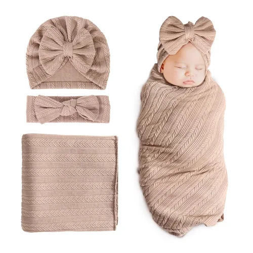 Miniatura 10 de DRESHOW BQUBO Manta de recepción para recién nacido, cálida para niñas con sombrero de lazo y diadema de lazo, regalo para baby shower 1 juego
