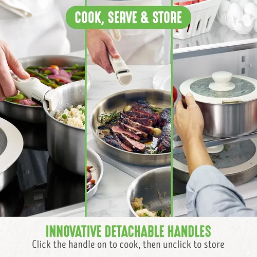 Miniatura 6 de GreenLife Ollas y sartenes de acero inoxidable de 10 piezas, juego de cocina desmontable y apilable, utensilios de cocina sin PFAS de tres capas