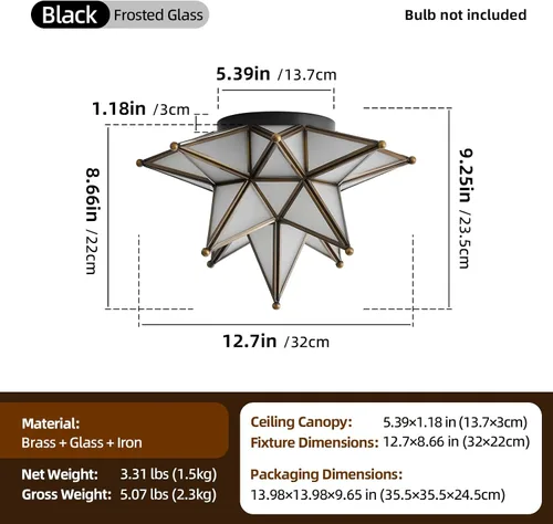 Miniatura 3 de Lámpara de techo negra con estrella morava, bronce aceitado, estilo vintage, antiguo, iluminación empotrada, estilo Art Deco de mediados de siglo