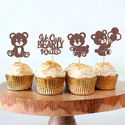 Miniatura 3 de 24 piezas de decoración para cupcakes con temática de "We Can Bearly Wait" Oso de globos brillantes, decoración temática de revelación de género