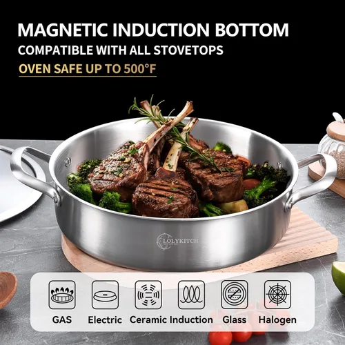 Miniatura 3 de LOLYKITCH Sartén Salteadora de Acero Inoxidable Tri-Capa de 7 Cuartos con Tapa, Sartén para Freír Profunda de 12 Pulgadas, Sartén Grande, Cocinero