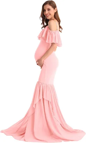 Miniatura 34 de MYRISAM Vestido de maternidad con volantes y hombros descubiertos para mujer, vestido de fiesta de sirena de gasa, vestido ajustado