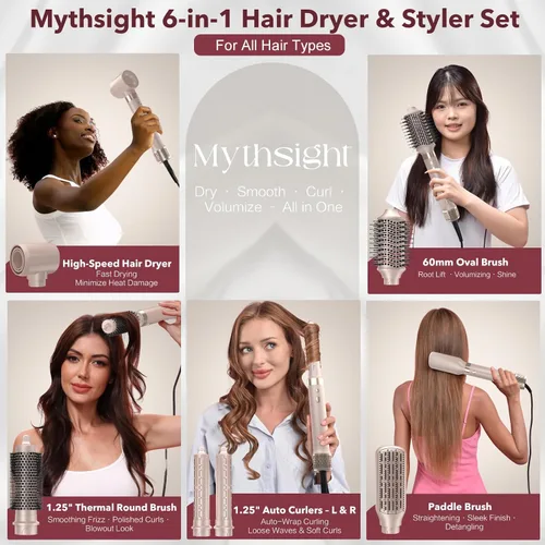 Miniatura 2 de Mythsight StyleVibe 6-en-1 secador de aire, secador de pelo y cepillo secador de pelo con estuche de viaje - Rulos de enrollado automático (L/R)