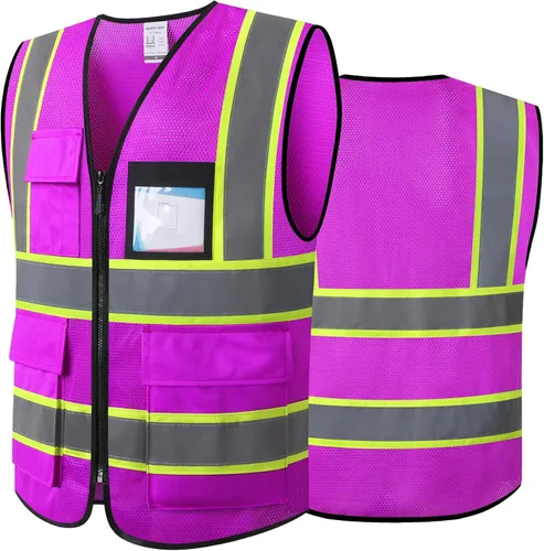 Chaleco de seguridad reflectante de alta visibilidad para hombres y mujeres con bolsillos y cremallera frontal, cumple con los estándares ANSI/ISEA