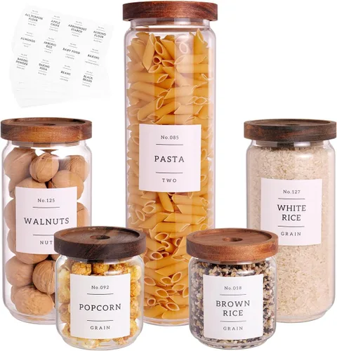 Juego de 5 tarros de almacenamiento de despensa de vidrio con tapa hermética de acacia, recipientes de cocina de vidrio grueso con 132 etiquetas de