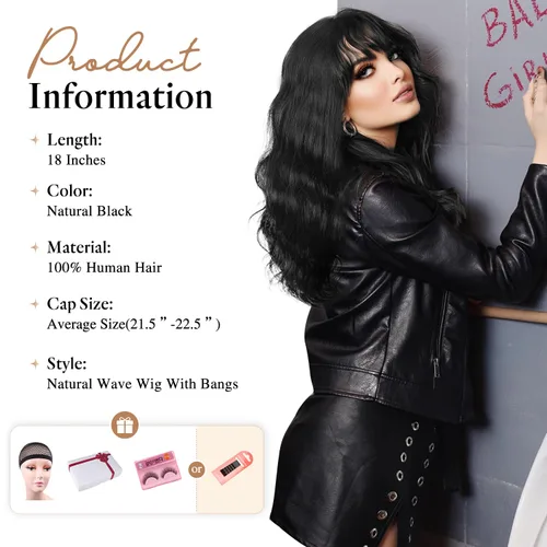 Miniatura 2 de Pelucas de cabello humano WIGER con onda natural con flequillo, línea de cabello mejorada, cabello ondulado suelto negro para mujeres, peluca