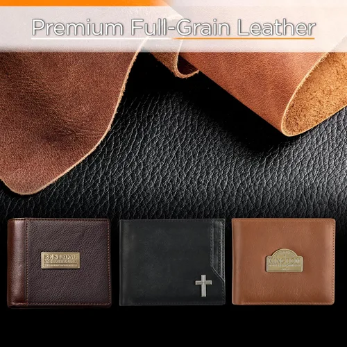 Miniatura 10 de Christian Art Gifts Cartera de cuero genuino para hombre Fuerte y valiente con incrustaciones de latón " Deuteronomio 316 versículo de la Biblia