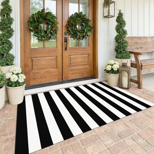 Miniatura 10 de KOZYFLY Alfombra a rayas blancas y negras de 2 x 3 pies, tejido de algodón, lavable, para interiores y exteriores, alfombra pequeña para puerta