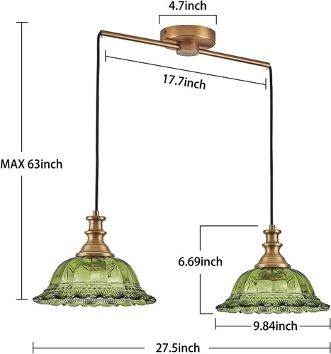 Miniatura 4 de HDDFL Lámpara colgante vintage moderna de vidrio verde con cable ajustable para isla de cocina, comedor, sala de estar, pasillo Verde y latón