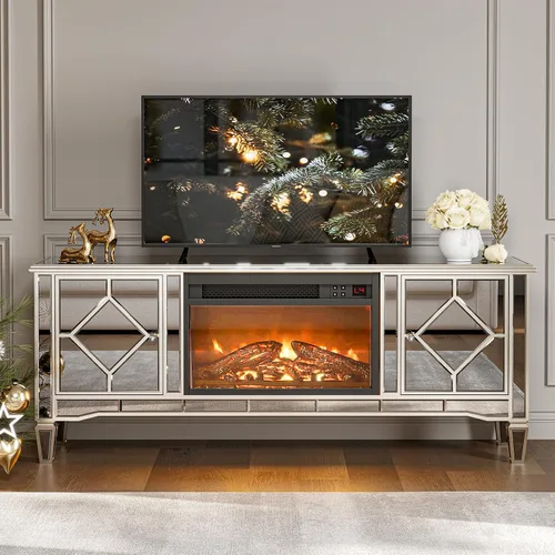 Miniatura 7 de IKIFLY Soporte de TV con espejo con chimenea para TV de más de 75 pulgadas, centro de entretenimiento con chimenea eléctrica plateada con 7