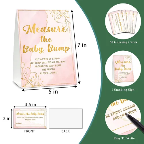 Miniatura 2 de Juego de baby shower, mide la protuberancia del bebé (1 letrero de pie + 50 tarjetas de búsqueda), papel de aluminio dorado con texto en inglés «How