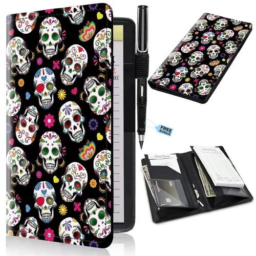 Miniatura 53 de Libros de servidor para camareras con bolsillo con cremallera – Libro de camarera gótico pastel con calavera de bruja, organizador de dinero