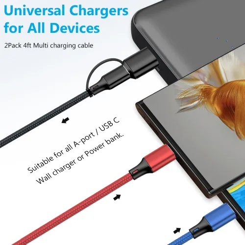 Miniatura 7 de Puxnoin Cable de carga múltiple 5 en 1, paquete de 2 unidades, cable de 4 pies, cargador múltiple USB C universal con conectores USB C/Micro USB