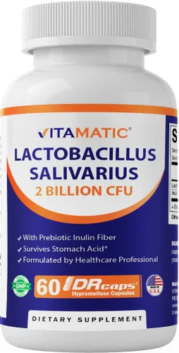 Vitamatic Lactobacillus Salivarius 2 mil millones por cápsula DR - 60 unidades - Soporte digestivo - Fabricado con fibra prebiótica de inulina (1