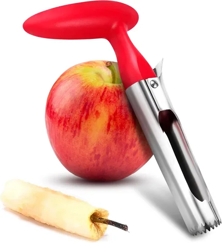 Herramienta descorazonadora de manzana, removedor de núcleo de manzana con mango ergonómico rojo, acero inoxidable duradero y seguro para alimentos,