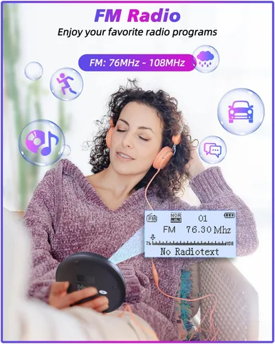 Miniatura 3 de ARAFUNA Reproductor de CD portátil Bluetooth con radio FM, reproductor de CD recargable de 2000 mAh para coche con pantalla LCD, reproductor