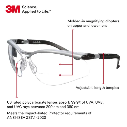 Miniatura 2 de 3M BX Lentes de protección de doble lectura, lentes antiniebla transparentes 11457-00000-20, armazón plateado/negro, dioptría superior/inferior +1.5