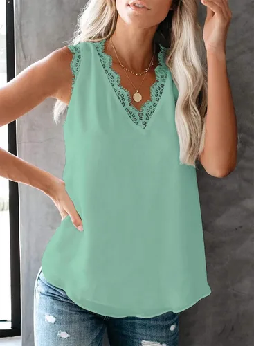 Miniatura 104 de VIISHOW - Camiseta sin mangas, sexy, con cuello en V y bordes de encaje para mujer, camisola de vestir, camisas de gasa, sin mangas, casuales