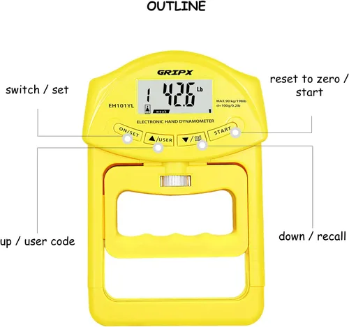 Miniatura 3 de Dinamómetro de mano digital medidor de fuerza de agarre Auto captura electrónica de poder de agarre manual 198 libras / 90 kilogramos Amarillo
