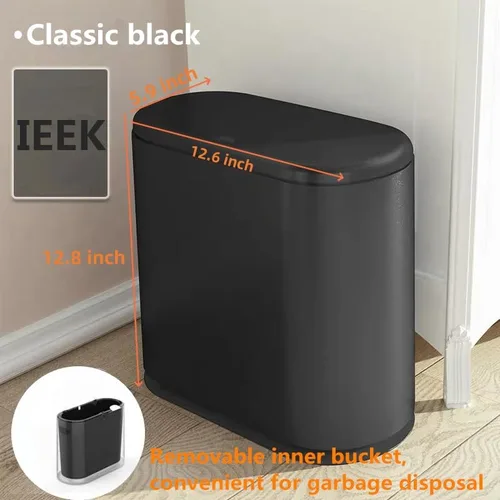 Miniatura 2 de IEEK Bote de basura de plástico con tapa superior de presión, cubo de basura de 2.4 galones / 10 litros, cesta de basura negra moderna para baño