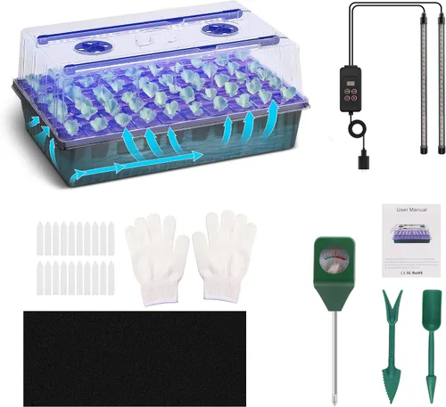 Bandeja de inicio de semillas – Bandeja de riego automático de 60 celdas, kit de inicio de semillas LED para cultivo, temporizador, cúpula de