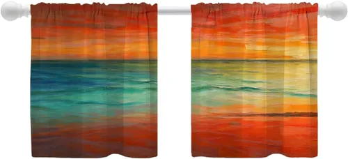 Miniatura 91 de Shrahala Beige and Orange Abstract Art Brushstrokes Blackout Curtain Tiers, Abstract Oil Paint Kitchen Valance Light Blocking Tier Drapes with Rod
