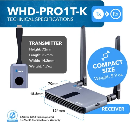 Miniatura 5 de OREI Kit de dongle transmisor y receptor HDMI inalámbrico 1x1 1080P de hasta 100 pies, perfecto para transmisión desde laptop, PC, presentación