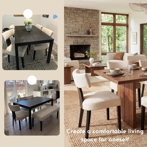 Miniatura 6 de Juego de 2 sillas de comedor de madera negra, sillas tapizadas de lino beige para cocina y comedor con respaldo medio, sillas laterales modernas