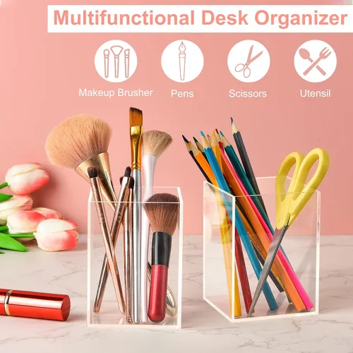 Miniatura 3 de Mototo 2 soportes de acrílico transparente para bolígrafos, redondos y vasos para lápices, soporte para maquillaje transparente, organizador