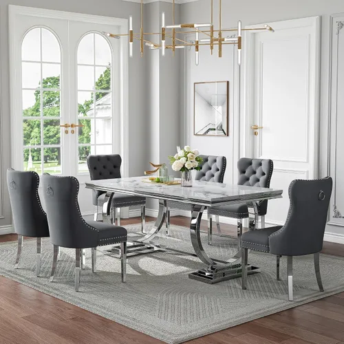 Miniatura 50 de Juego de mesa de comedor de mármol de 70 pulgadas para 6, mesa de cocina grande y sillas de cuero negro, mesas de comedor modernas negras y doradas