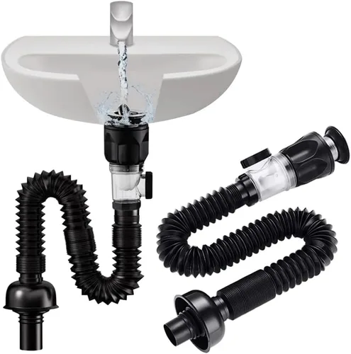 Kit de drenaje de fregadero de baño con tubo P-Trap flexible y expandible antiolor, tubo de drenaje de fregadero de baño para agujero de 1-1/4" y