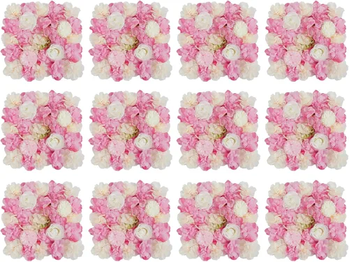 Miniatura 15 de Paneles de pared de flores 3D, 12 paneles de pared de flores artificiales, rosas de seda, fondo de pared de flores sintéticas decorativas