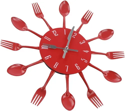 Miniatura 3 de Reloj de pared de cocina, 32x32x4CM, rojo, movimiento de cuarzo, silencioso, diseño creativo