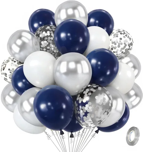 Kit de globos azul marino plateado, 50 piezas de globos de 12 pulgadas azul real oscuro metálico plateado blanco con globos de látex con confeti