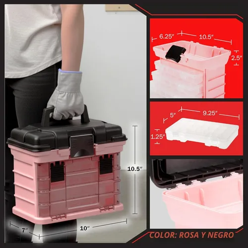 Miniatura 6 de Caja de herramientas Stalwart línea que cuenta con estantes, para piezas y artesanías, con 4 organizadores Rosa