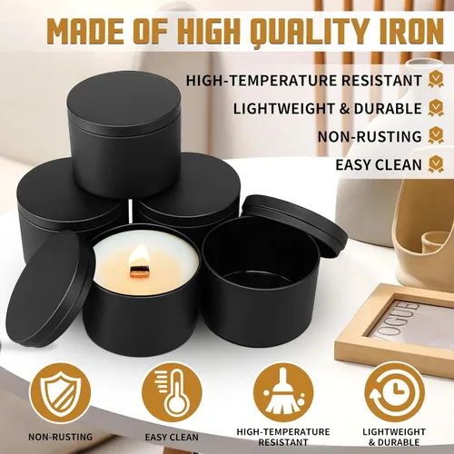 Miniatura 5 de Paquete de 12 tarros de velas, latas de velas de 8 onzas con tapas, tarros de velas de metal vacíos para hacer velas a granel, color negro Negro